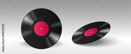 Vintage vinyl disc records with empty labels for retro gramophone players, 3d style. Realistic long play songs or music isolated on white background. Vector illustration