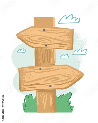 Template of a wooden signpost with arrows on a blue sky background. Banner concept about the directions of the road in opposite directions. Local tourism. Summer kids camp. Cartoon vector illustration