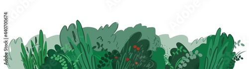 Floral background with green bushes, grass, leaves, red berries isolated on white. Horizontal banner template with wild plants for posters, invitations. Green eco field concept. Vector illustration