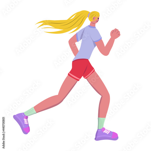 A woman runs. The woman is doing sports.Woman character is jogging