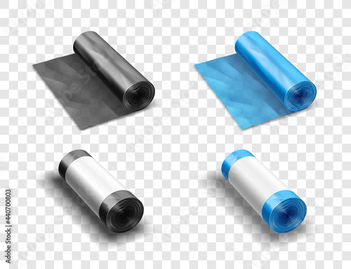 Realistic trash bags rolls packages on transparent background. 3d plastic packages for waste