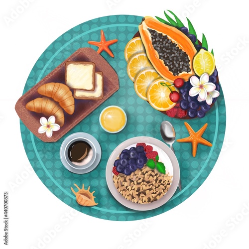 breakfast illustration. on the table - a plate with tropical fruits and berries. A plate of oatmeal. coffee. croissants, bread and butter. Papaya, orange, lemon, raspberry, blueberry, cherry.  Flowers