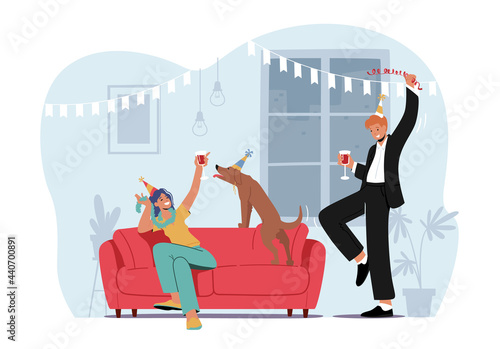 Young Characters Celebrate Home Party Sitting at Couch in Living Room with Funny Dog Drinking Cocktails or Alcohol