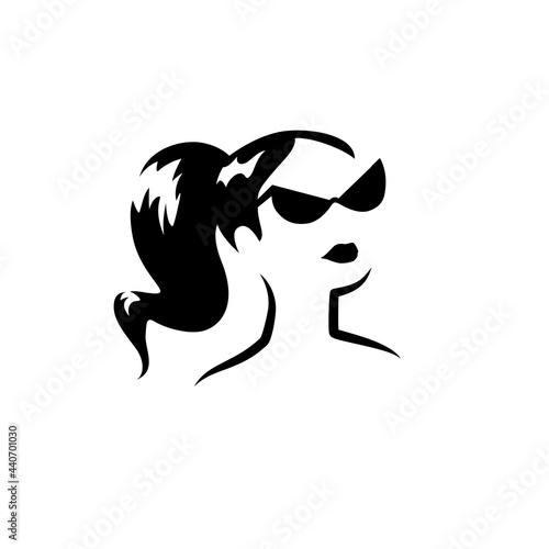 Beautiful young lady in sunglasses with ponytail portrait isolated. Awesome model head hand drawn silhouette. Vector flat illustration. For emblem, tag, logo, banner etc.