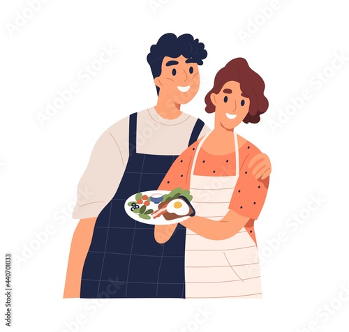 Couple of happy man and woman holding plate with cooked food. Portrait of smiling and hugging husband and wife with homemade breakfast dish in hands. Flat vector illustration isolated on white