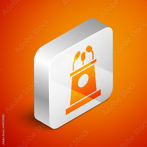 Isometric Stage stand or debate podium rostrum icon isolated on orange background. Conference speech tribune. Silver square button. Vector Illustration