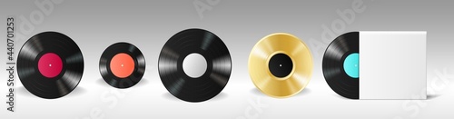 Set of realistic vinyl mockups or in blank white envelope cover. Music lp retro disc for gramophone