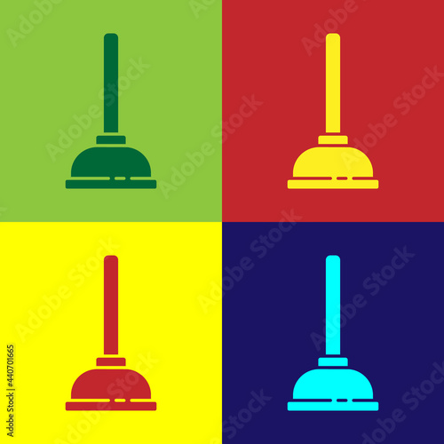 Pop art Rubber plunger with wooden handle for pipe cleaning icon isolated on color background. Toilet plunger. Vector Illustration