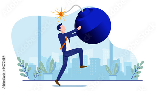 Businessman in trouble - Man running with bomb in hand feeling scared and nervous. Business crisis and danger concept. Vector illustration with white background.