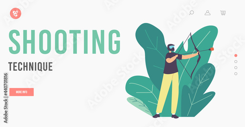 Shooting Technique Landing Page Template. Archery Sport, Game Concept. Teenager Archer Character in Protective Helmet