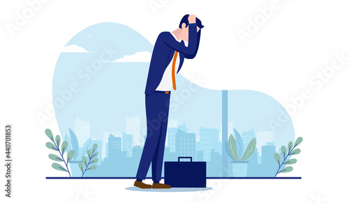 Unhappy businessman - Person feeling sad after making mistake in business. Vector illustration with white background.