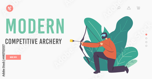 Modern Competitive Archery Landing Page Template. Archer Character Wearing Protective Helmet Aiming to Target with Bow
