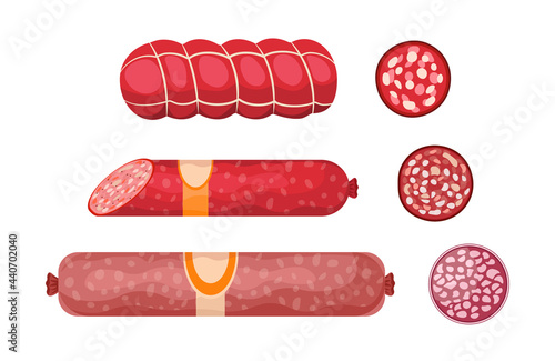Salami, Pepperoni Smoked Sausage, Premium Meat products Whole and Sliced Kielbasa. Delicatessen Production, Meal, Wurst