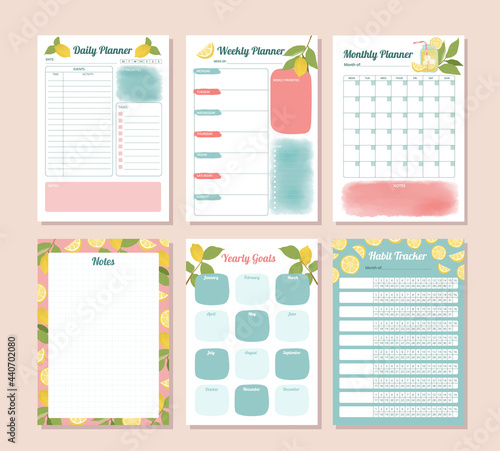 Printable daily, weekly, monthly, yearly and habit tracker with watercolor lemon designs and illustrations