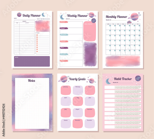 Printable daily, weekly, monthly, yearly and habit tracker with watercolor planet designs and illustrations