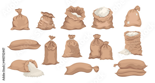 Bags with Rice, Sacks with Flour, Grain or Salt Cartoon Set. Farm Production in Textile Bales, Closed and Open Sacks