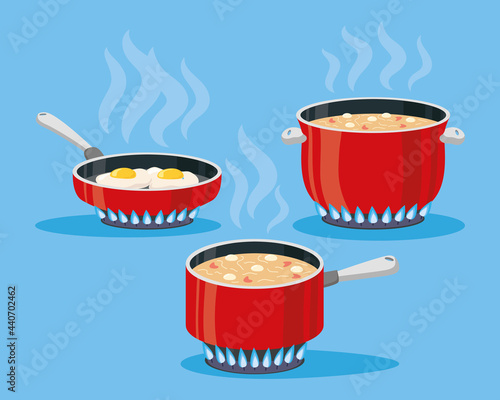 three pots cooking