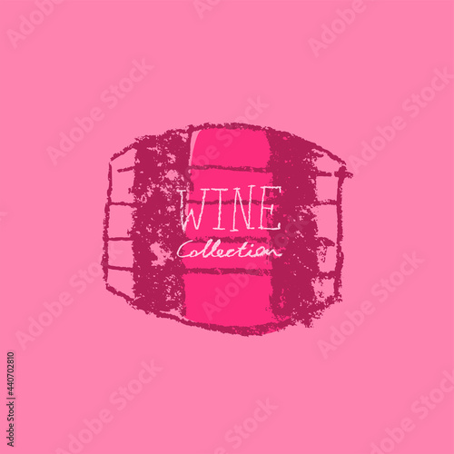 Wine barrel doodle. Winery sign template. Hand drawn pencil illustration for Wine shop and store symbol with crayon texture. Emblem for vineyard, insignia biodynamic wines, grape festival, bar logo.