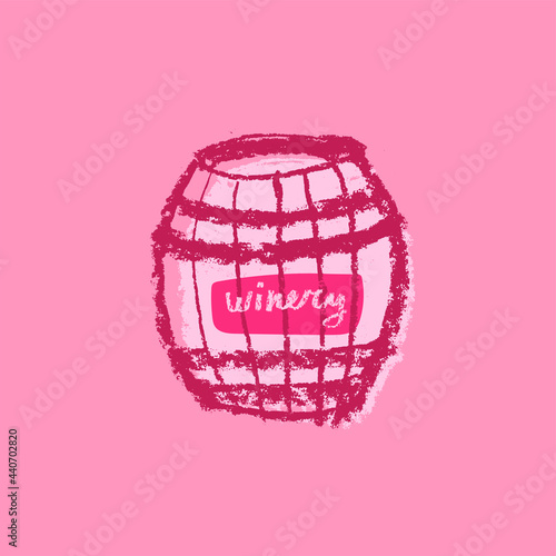 Wine barrel drawing. Winery sign template. Hand drawn pencil illustration for Wine shop and store symbol with crayon texture. Emblem for vineyard, insignia biodynamic wines, grape festival, bar logo.