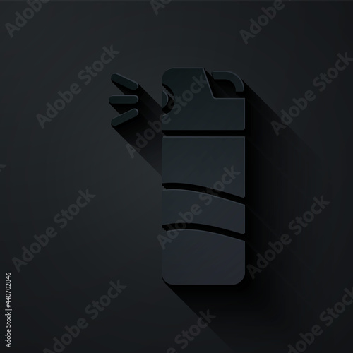 Paper cut Pepper spray icon isolated on black background. OC gas. Capsicum self defense aerosol. Paper art style. Vector