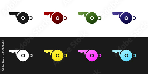 Set Whistle icon isolated on black and white background. Referee symbol. Fitness and sport sign. Vector