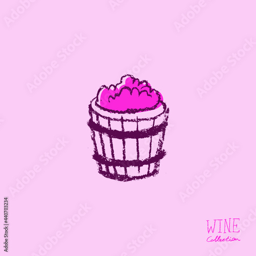 Wine barrel drawing. Winery sign template. Hand drawn pencil illustration for Wine shop and store symbol with crayon texture. Emblem for vineyard, insignia biodynamic wines, grape festival, bar logo.