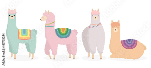 A set of hand-drawn illustrations of cartoon llamas, alpacas. Suitable for children's design, birthday cards, party invitations, fashion design, poster. Vector illustration
