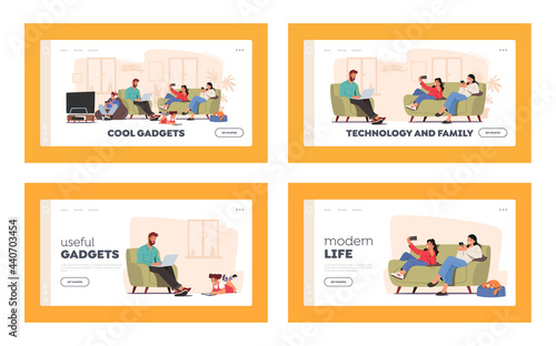 Family Characters Suffer of Social Media Internet Addiction Landing Page Template Set. Parents and Children with Devices