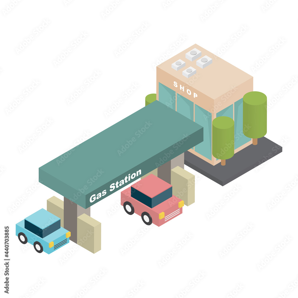 Gas station building. Gasoline and oil station with shop in isometric 3d style icon. Pump with car. Vector illustration. Gas station building. Gasoline and oil station with shop in isometric 3d style icon. Pump with car. Vector illustration.
