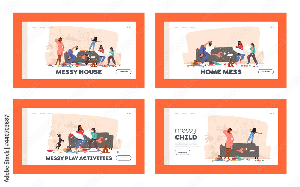 Home Mess Landing Page Template Set. Father and Mother Shocked with Naughty Hyperactive Children Characters Fighting