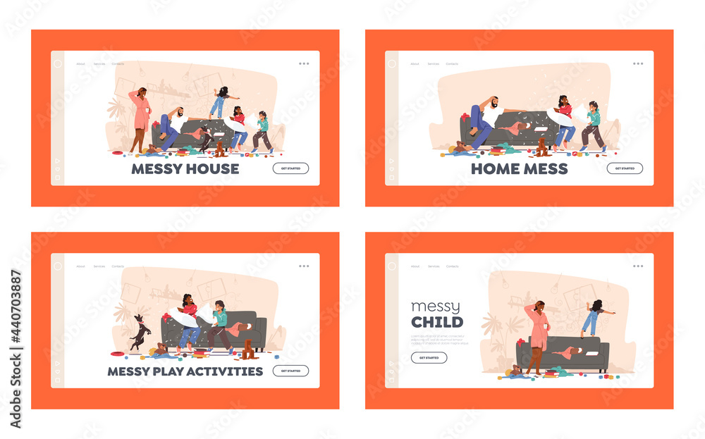 Home Mess Landing Page Template Set. Father and Mother Shocked with Naughty Hyperactive Children Characters Fighting Home Mess Landing Page Template Set. Father and Mother Shocked with Naughty Hyperactive Children Characters Fighting