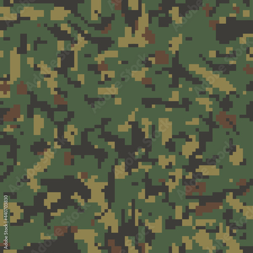 Digital green khaki camo, seamless pattern. Military camouflage, texture. Soldier fabric textile print designs. Pixel art, vector wallpaper
