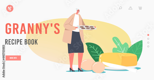 Granny Recipe Book Landing Page Template. Senior Woman Carry Tray with Fresh Pies or Cookies. Grandmother Hospitality