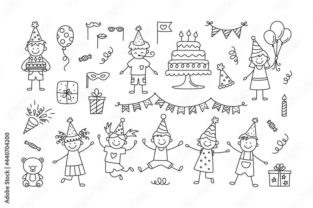 Set of Happy Birthday doodles. Sketch of party decoration, funny children,  gift box and cute cakes with candles. Children drawing. Hand drawn vector  illustration isolated on white background. Stock Vector | Adobe