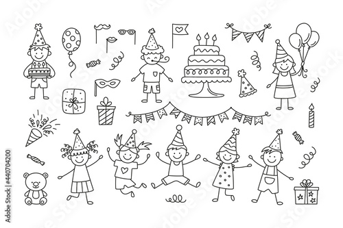 Set of Happy Birthday doodles. Sketch of party decoration, funny children, gift box and cute cakes with candles. Children drawing. Hand drawn vector illustration isolated on white background.