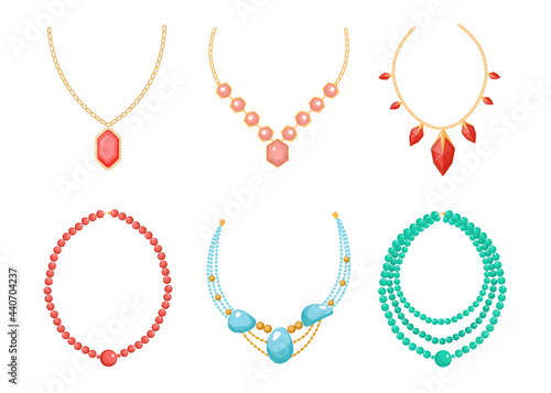 Necklace, Beads Jewelry Isolated on White Background. Precious or Semi-precious Gem Stones Jewels, Bijoux for Women
