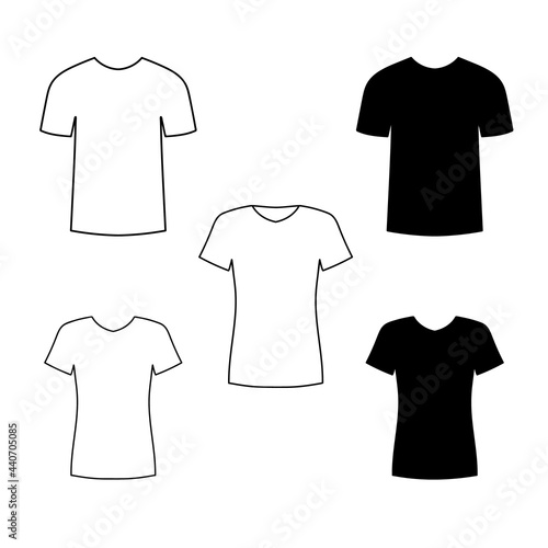 Front views of blank male and female t-shirt. Black silhouette of T-shirt with short sleeves. Vector illustration isolated on white background