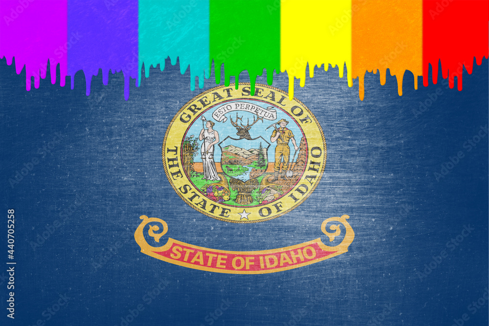 Paint (rainbow flag) is dripping over the state flag of Idaho