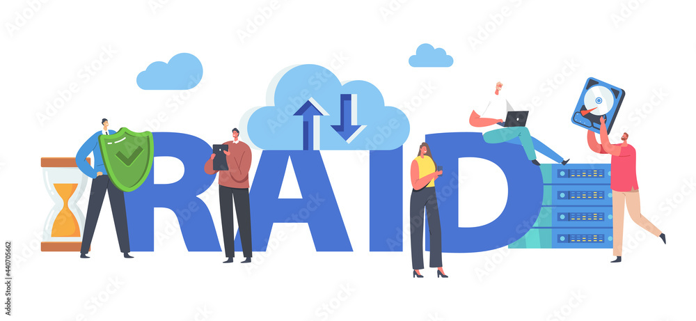 RAID Concept. Tiny Characters in Data Center around Huge Laptop with Redundant Array of Independent Disk Storage, Backup RAID Concept. Tiny Characters in Data Center around Huge Laptop with Redundant Array of Independent Disk Storage, Backup