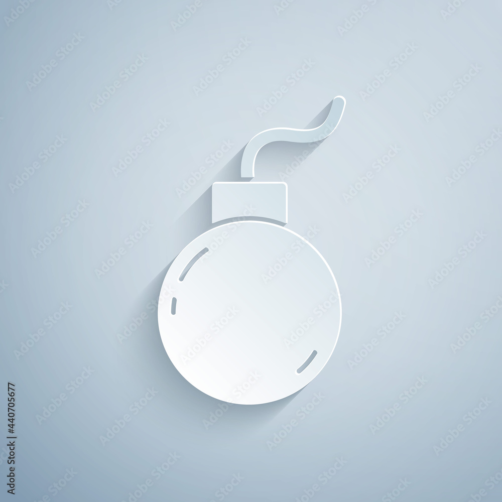 Paper cut Bomb ready to explode icon isolated on grey background. Paper art style. Vector Paper cut Bomb ready to explode icon isolated on grey background. Paper art style. Vector