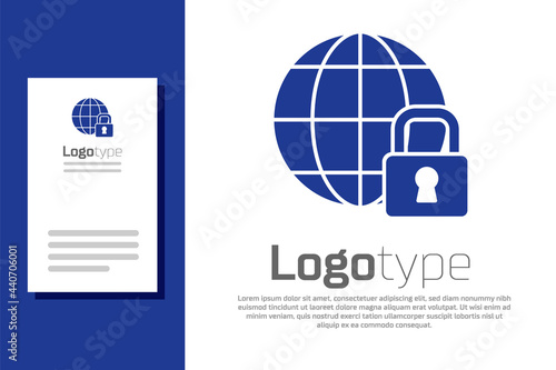 Blue Global lockdown - locked globe icon isolated on white background. Logo design template element. Vector