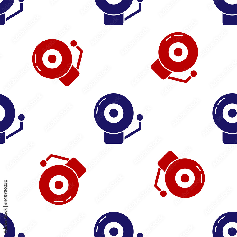 Blue and red Ringing alarm bell icon isolated seamless pattern on white background. Alarm symbol, service bell, handbell sign, notification symbol. Vector