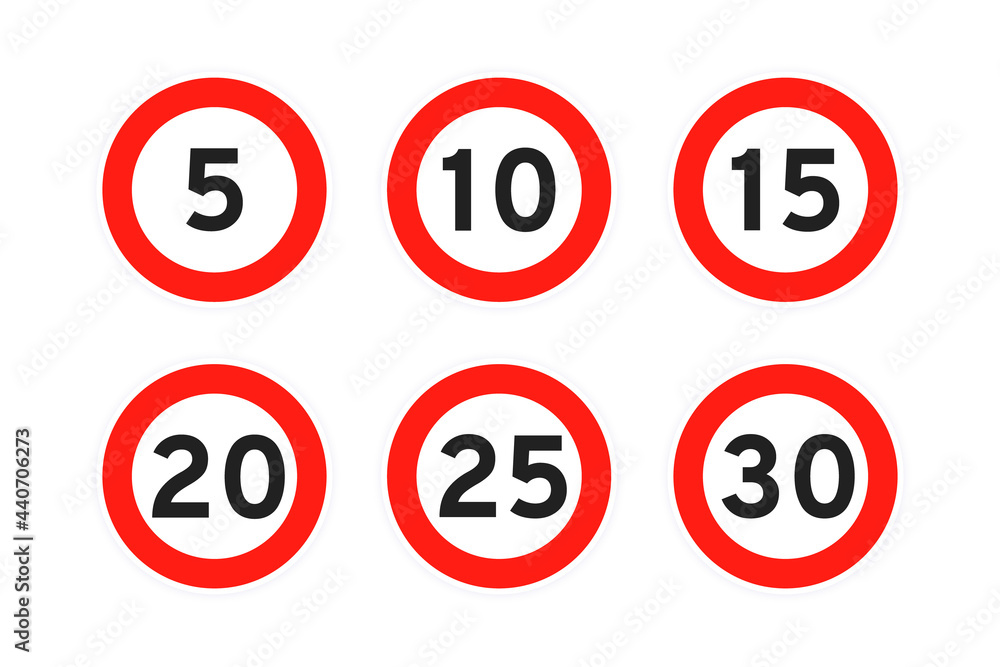 Speed limit 5,10,15,20,25,30 round road traffic icon sign flat style design vector illustration set isolated on white background. Circle standard road sign with number kmh. Speed limit 5,10,15,20,25,30 round road traffic icon sign flat style design vector illustration set isolated on white background. Circle standard road sign with number kmh.