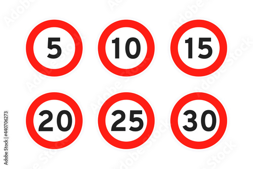 Speed limit 5,10,15,20,25,30 round road traffic icon sign flat style design vector illustration set isolated on white background. Circle standard road sign with number kmh.