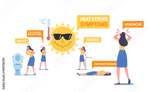 Heat Stroke Symptoms Concept. Female Characters Suffer of Sun with Nausea, Strong Heartbeat or Red Hot Skin, Dizziness