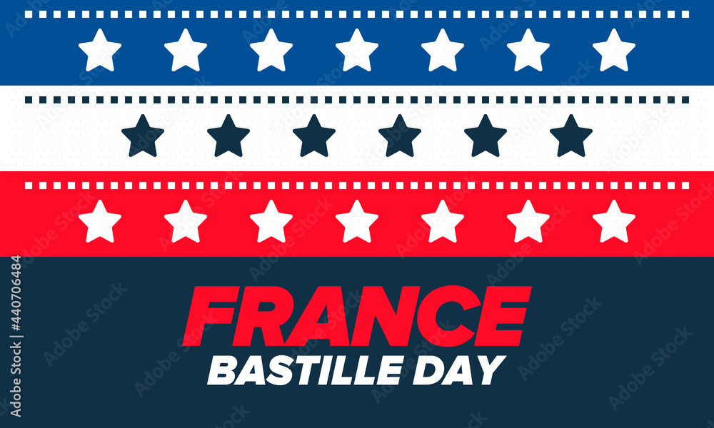 Naklejka premium Bastille Day in France. National happy holiday, celebrated annual in July 14. French flag. France independence and freedom. Patriotic elements. Festive design. Vector poster illustration