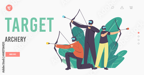 Target Archery Landing Page Template. Archer Family Wearing Helmets Shooting with Bow and Arrows. Sports Challenge