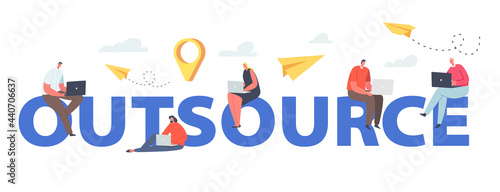 Outsource Concept. Global Outsourcing Team, Businesspeople with Laptops Sit on World Map. Characters Working Distantly