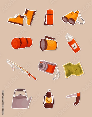 Camping and tourist complex. Stickerpack - a flashlight, binoculars, a map and other items. Ideal for labels, stickers. Vector illustration.