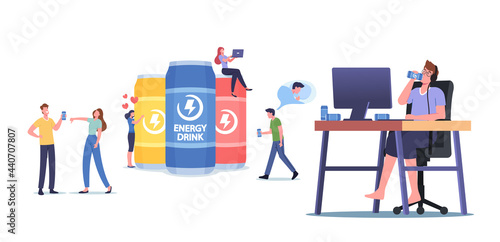 People Drink Energy Drinks Concept.. Tiny Male and Female Characters Addicted of Taurine or Caffeine Energetic Beverages
